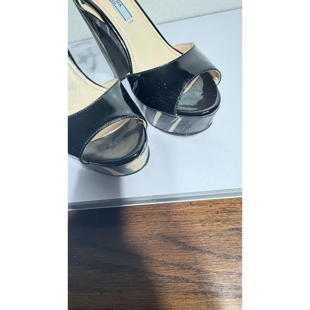 Prada Platform Heels Black Patent Wood Grain Ankle Strap Sz 37 - Picture 14 of 14